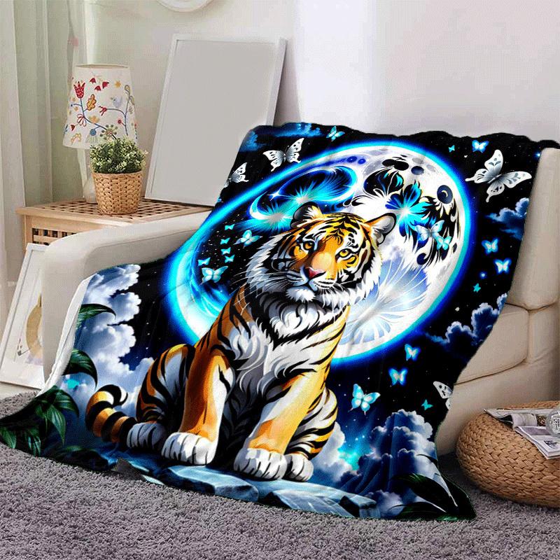 1pc Tiger Printing Lightweight Flannel Blanket, Comfortable and Warm Blanket, for Camping Sofa Bed and Couch Office, in All Seasons