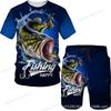 New Men's Short Sleeve Shorts Set Fashion 3D Digital Fish Printing Men's Beach Casual Set