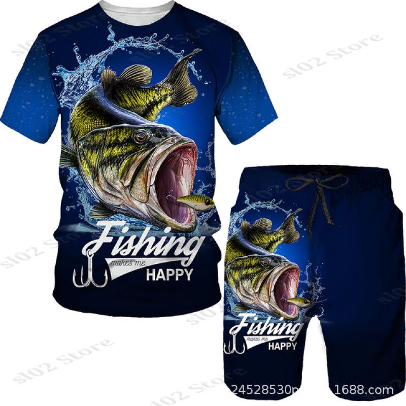 New Men's Short Sleeve Shorts Set Fashion 3D Digital Fish Printing Men's Beach Casual Set