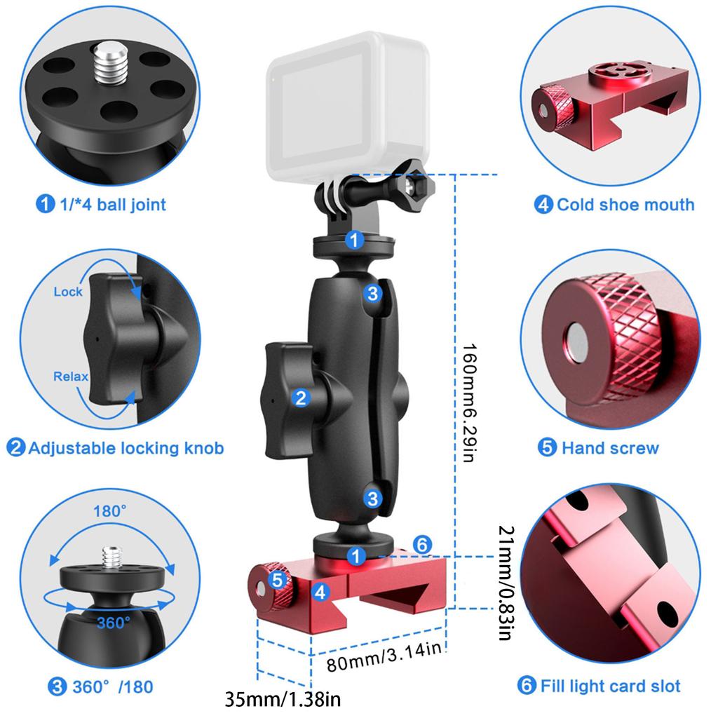 Aluminum Tennis Camera Mount for Smartphone and Action Cameras 360 Degree Adjustable Phone Clamp for Sports Training