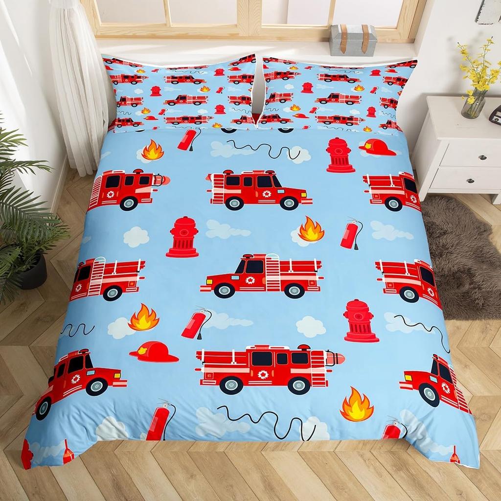 Comforter Fire Truck For Kids Boys Fire Engine Vehicle Extinguisher Fire Hydrant Print Bedding Set Microfiber Twin