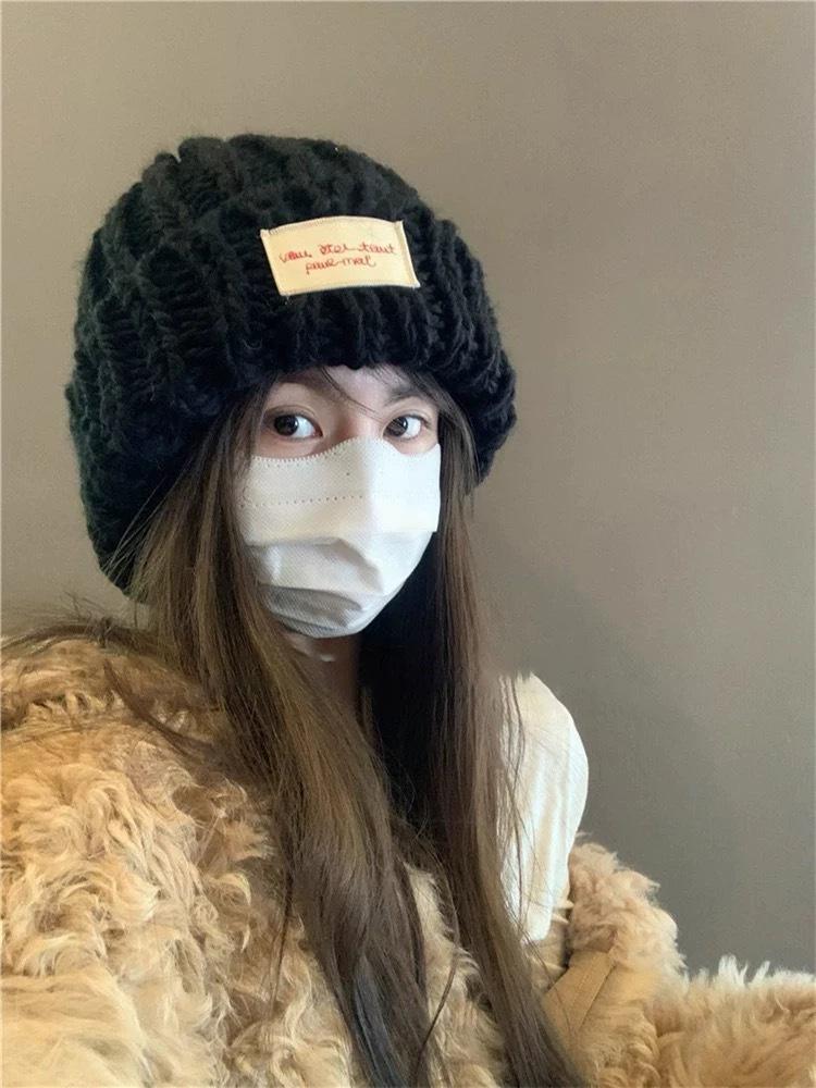 Big Head Circumference Patch, Blue Knitted Wool Hat, Women's Face In Autumn and Winter, Small Versatile Hat, Ear Protection, Cold Hat