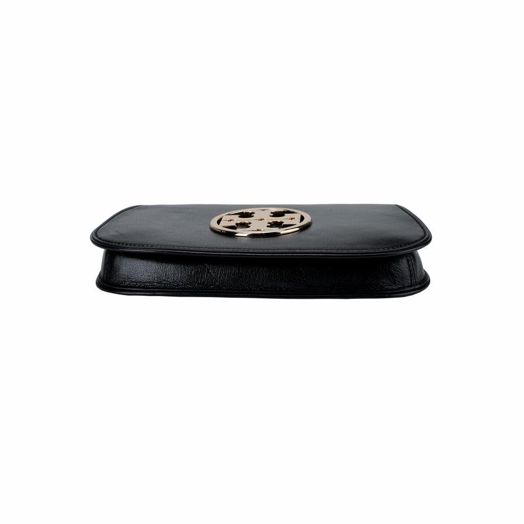 Tory Burch Reva Double T Logo Flap Removable Metal Shoulder Strap Leather Crossbody Clutch Women Handbags Black 152250-001