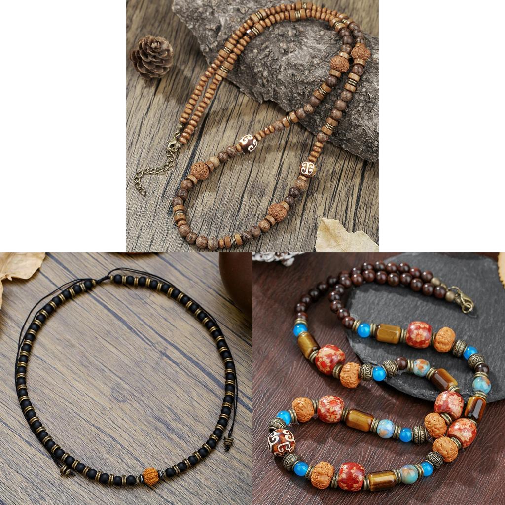 Vintage Tiger Eye Beaded Necklace For Men Geometric Style Ethnic Fashion Accessory