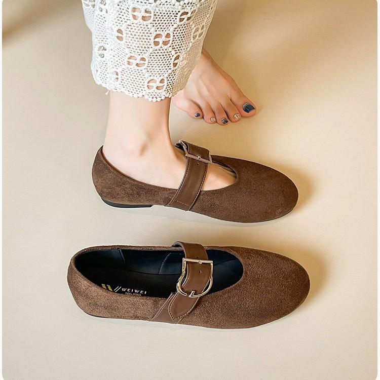 French retro round head versatile soft-soled Mary Jane shoes 2025 new one-word suede ballet flat-soled single shoes for women