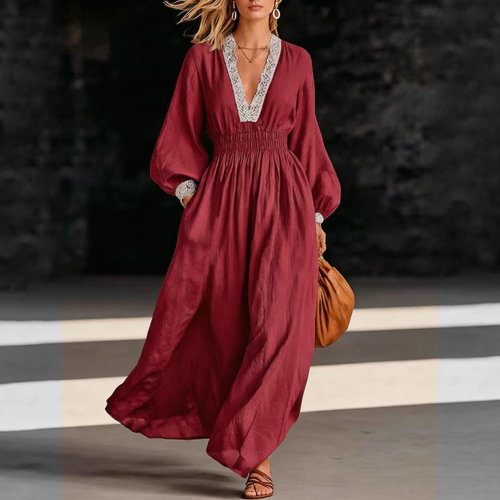 

Ladies Fashionable And Casual V-neck Long Dress With Elegant Temperament, Split Women s Dress XL винний