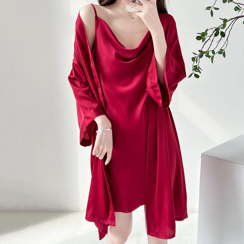 Sexy pajamas women's summer 1011 new ice silk suspender nightgown set Internet celebrity live broadcast explosion long-sleeved loungewear