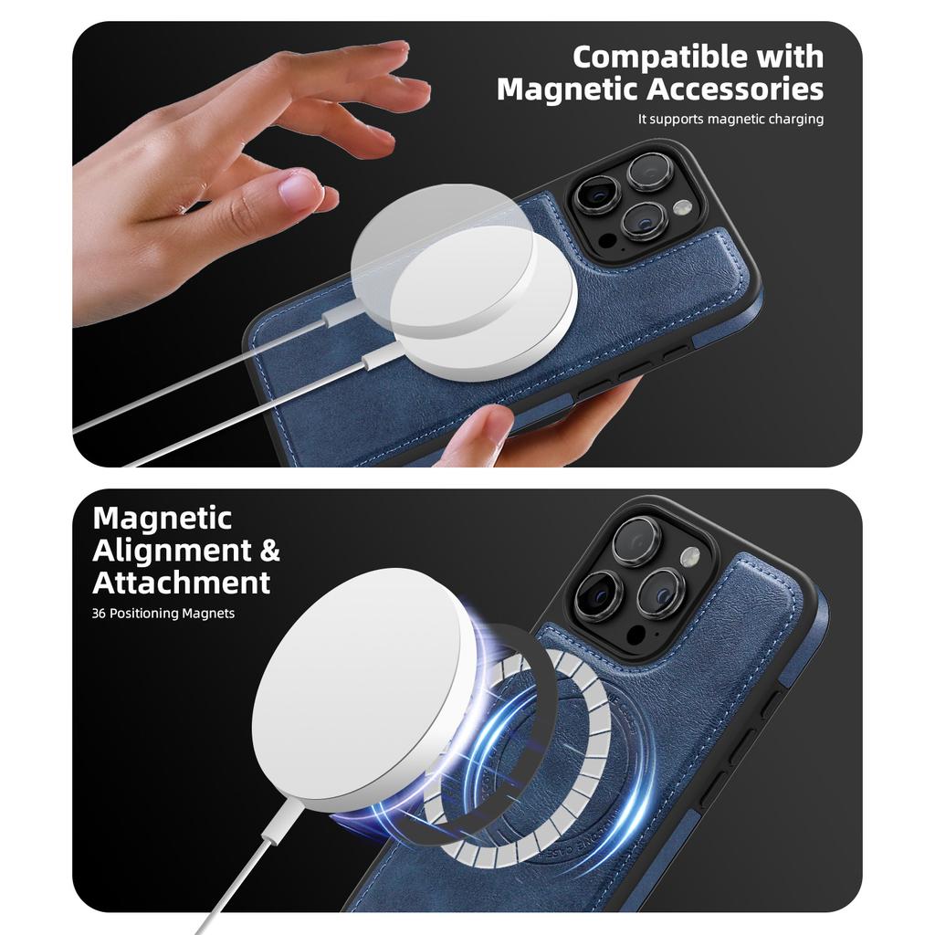 For iPhone 15 Pro Max Magnetic Case Leather Back Phone Cover with Detachable Card Bag