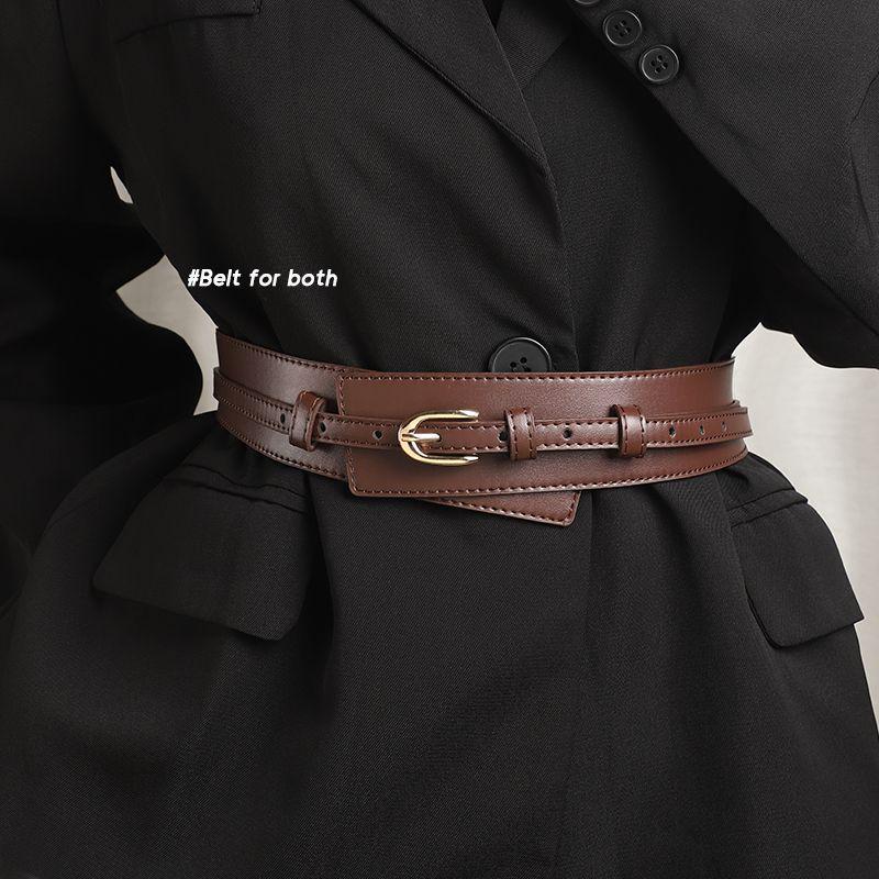Women's Black Leather Two-Way Belt: High-End, Fashionable Dress Accessory with Wide Waist Seal and Suit Jacket Pairing.