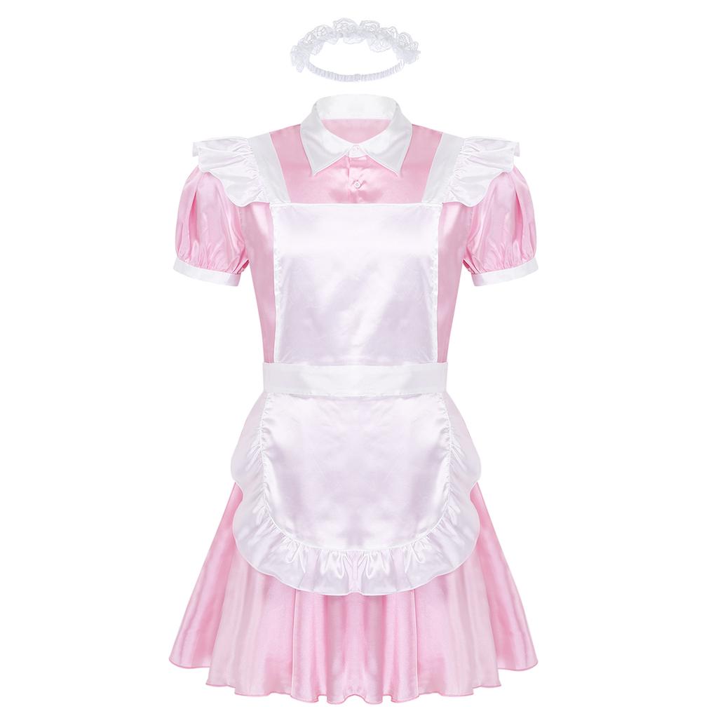 Men Sissy French Maid Outfits Cosplay Costumes Puff Sleeve Button Down Fancy Dress With Apron And Headband