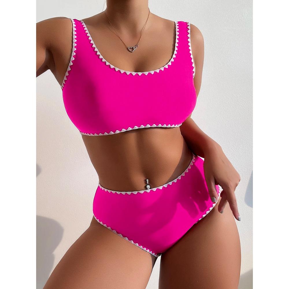 

Бікіні з високою талією для жінок 2026 Новий Сексуальний мереживний купальник Жіночий купальник Високий виріз Push-up Набір бікіні з 2 предметів Купальний костюм Пляжний одяг XL рожевий червоний колір