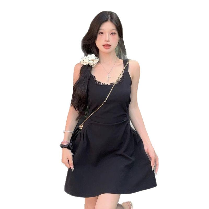 2026 French Pure Lace Suspender Dress Women's Summer Slim Fold Gentle Black Waist A-Word Short Skirt
