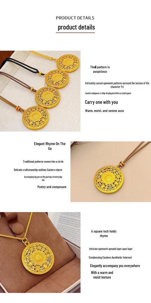 Retro Gold Flower Silk Fu Character Compass Pendant Necklace