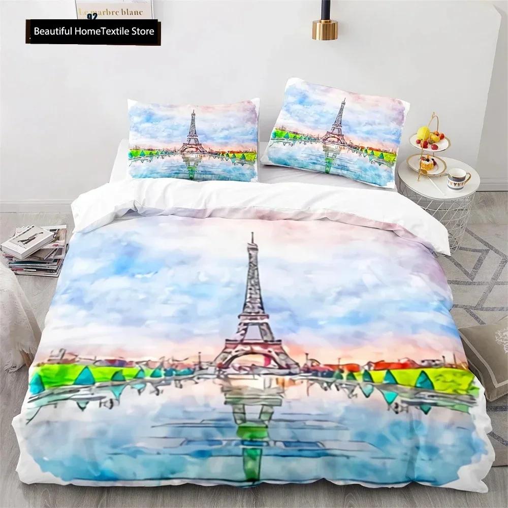 Comforter Luxury New 3D Print Eiffel Tower Lake Colourful Cloud Beautiful Landscape Bedding Set King Size Comforter