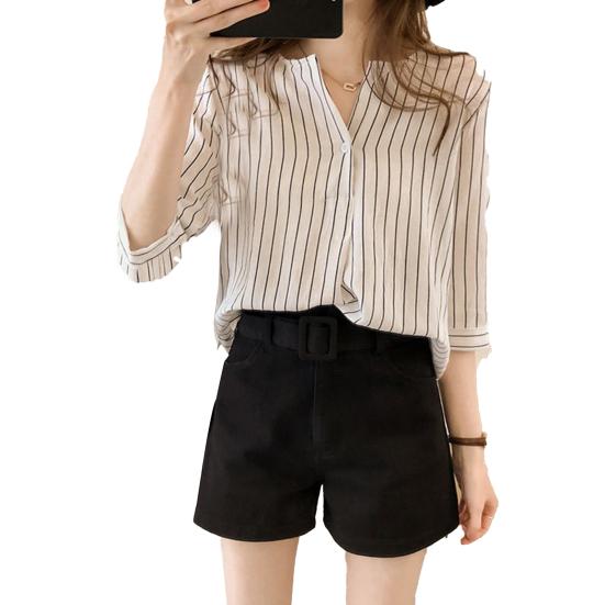 Women Shirt Striped Print V-neck 3/4 Sleeves V Neck Elegant Summer Women Working Clothes Streetwear