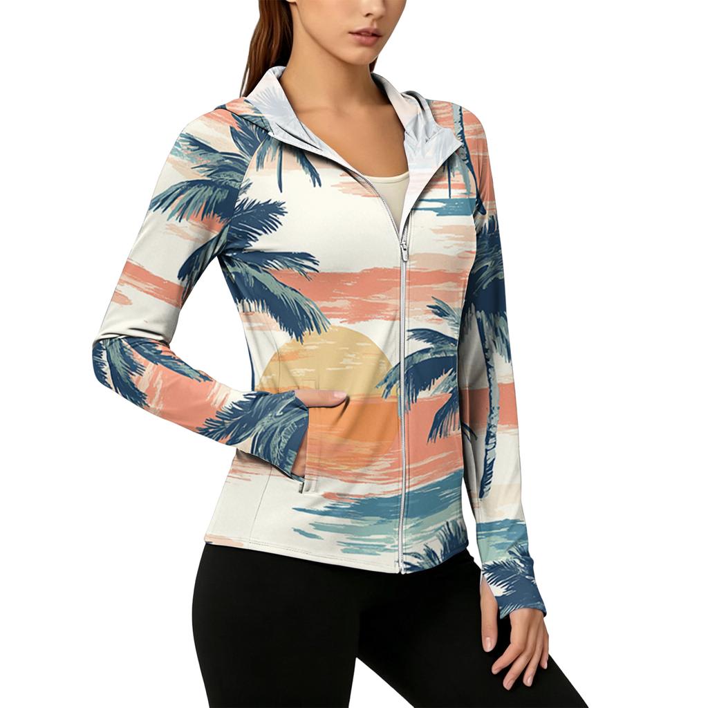 Women's Lightweight Zip-Up Hoodie with Hood and Pockets Hawaiian Print Long Sleeve Sun Protection Jacket for Outdoor Activities