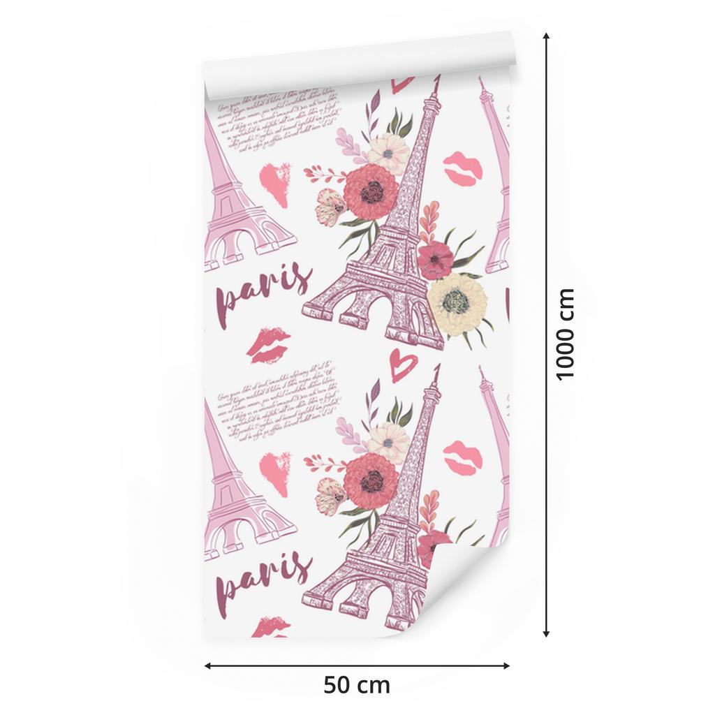 Eiffel Tower wallpaper with flowers and hearts for living room and bedroom 50x1000