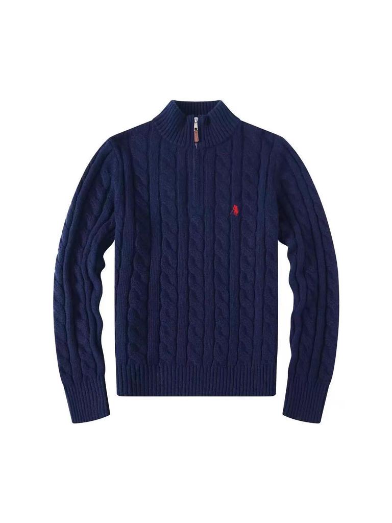 Herren Zopfstrick Wollmischung Halb-Zip Stehkragen Pullover