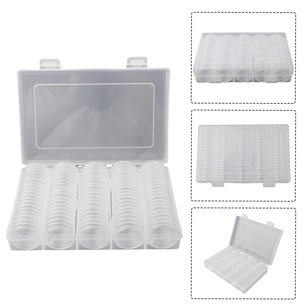 100pcs 27mm Round Plastic Coin Storage Capsules for Tokens Badges with Storage Box for Organized Display and Protection