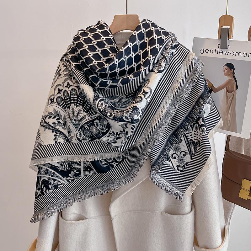 Luksusowy Damski Szalik Kaszmirowy - Ciepły Zimowy Frędzlowy Pasek Wzory Szal Pashmina, Foulard & Poncho