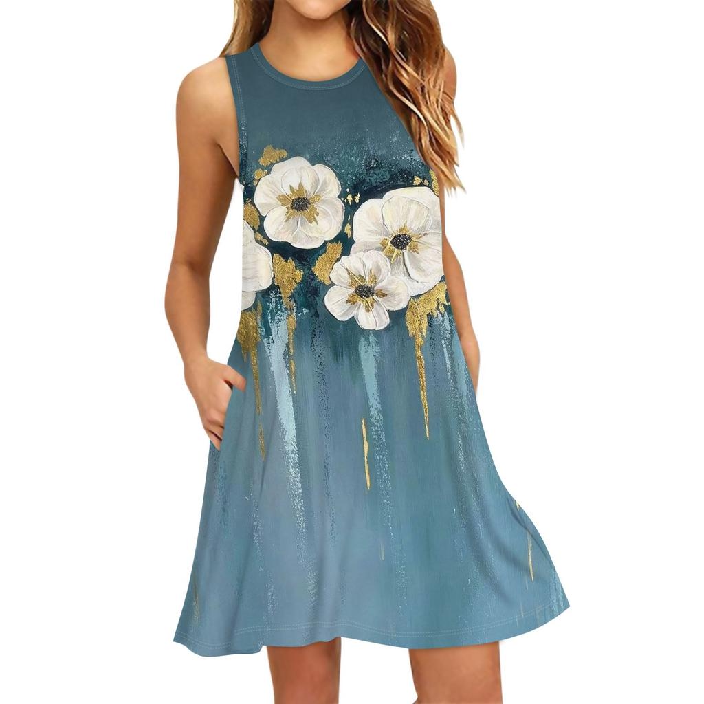 Women's Fashion Beach Dress Sleeveless Round Neck Floral Print Dress