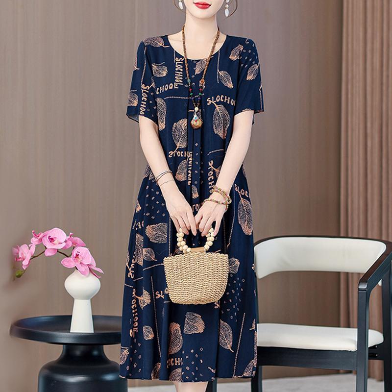 Summer Elegant Long Dresses for Women Plus Size Loose Short Sleeve Vintage Print Women's Dress