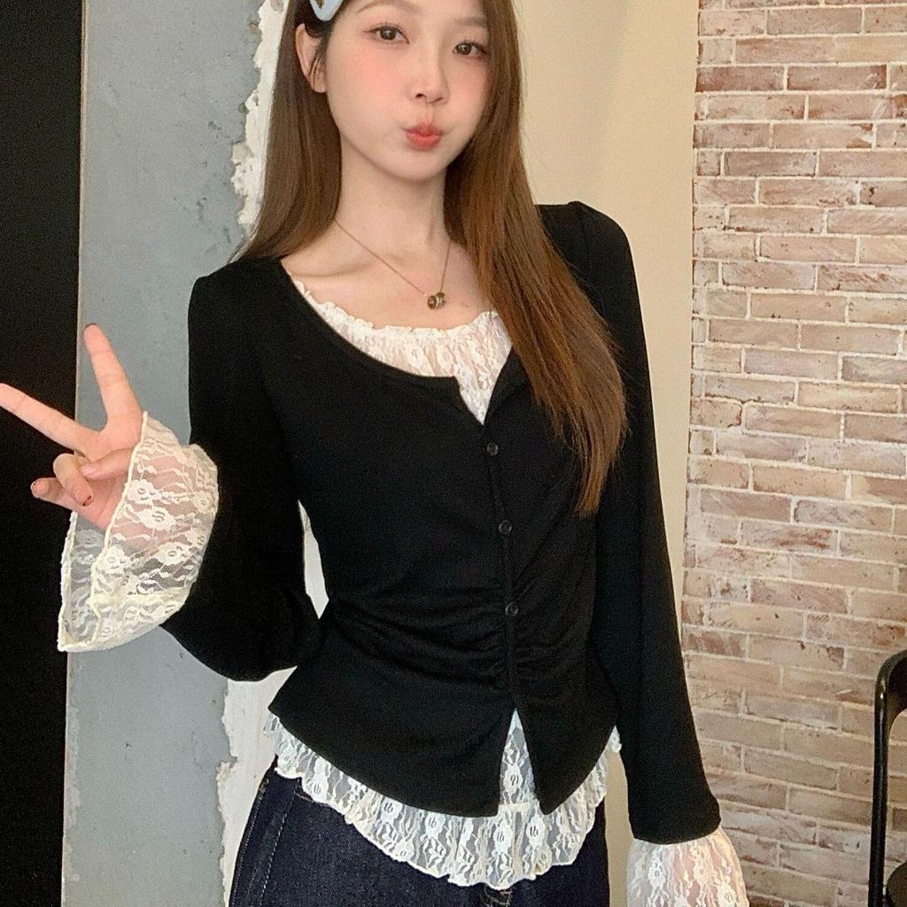 Plus Size Women's Korean-Style Lace Patchwork Two-Piece Top for Autumn 2025