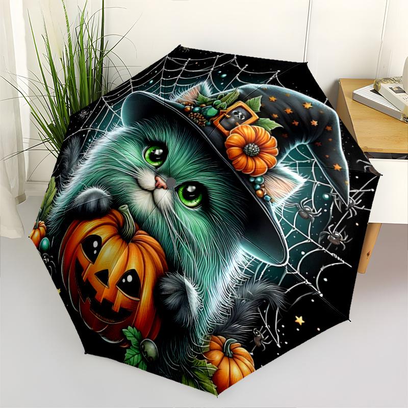 1pc Spider Wizard Cat Pumpkin Design Automatic Folding Umbrella - 3 Folding Design, Vivid Cartoon Pattern, Suitable for Outdoor Activities,