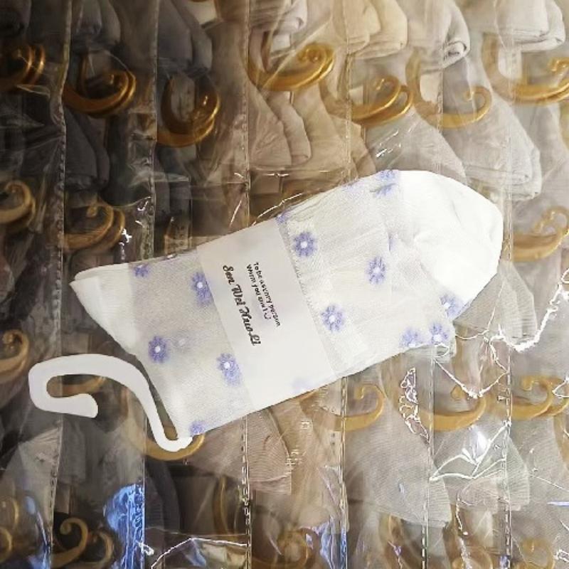 Ultra-thin Transparent Crystal Silk Socks Women Fashion Summer Harajuku Crew Socks Retro Flower Streetwear Elastic Long Socks
