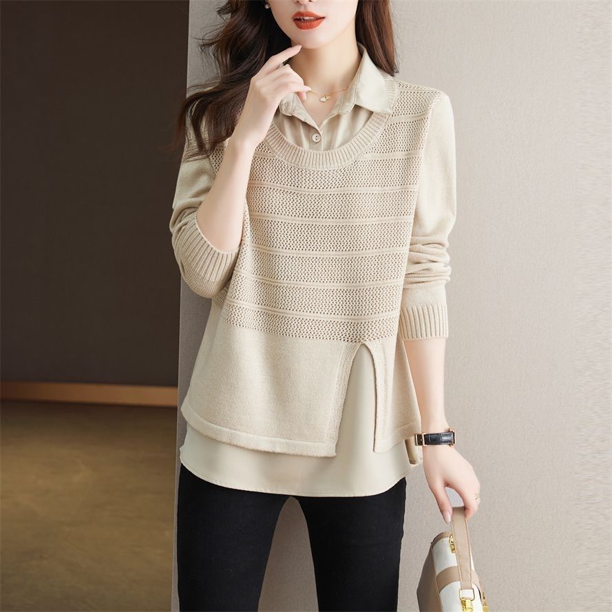 Korean Fake Two-piece Shirt Knitted Women's Spring Autumn Fashion Loose Sweater Bottoming Shirt Female Knitwear Tops