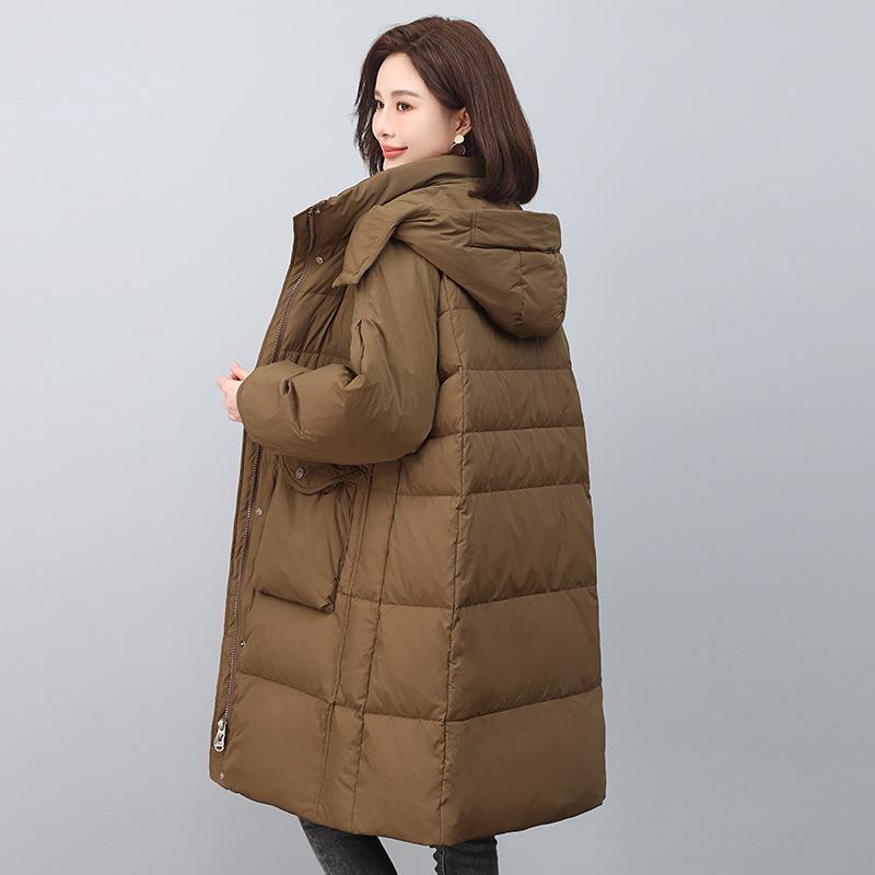 Women's Mid-Length Hooded Down Jacket, 2024 Plus Size Fashion, Warm Winter Coat, White Duck Down