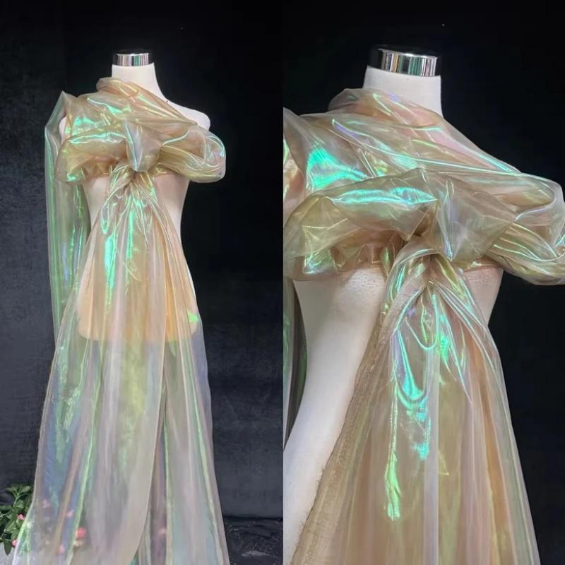 Wide 150cm Encrypted Laser Seven-color Iriered Gauze Fabric Bright Yarn Gradient Color Fabric DIY Organza Clothing Designer