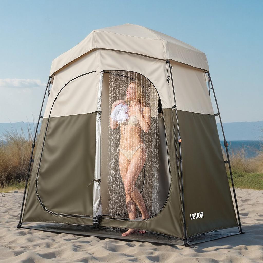 Camping Shower Tent, 2-Room Foldable Portable Privacy Tent Changing Room with Ground Stakes, Ropes, and Carry Bag, 150D Oxford Fabric with Silver