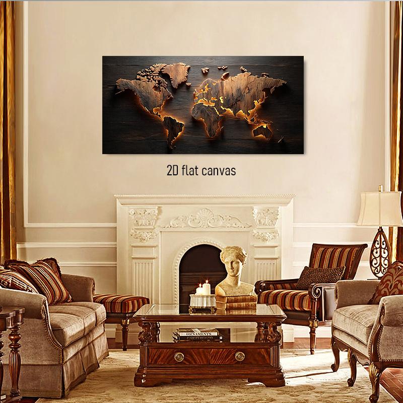 1pcs Wooden World Map Frameless Canvas Decorative Hanging Painting Living Room Study Office Modern Minimalist Style Home Wall De