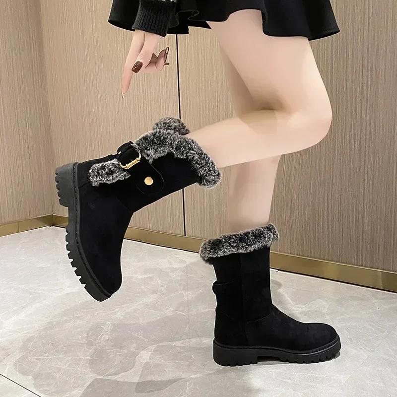 Fashion Luxury Designer Faux Suede Ankle Boots Women Winter Mid Calf Chelsea Boots Fur Shoes Warm Short Plush Flat Snow Goth Botas Mujer