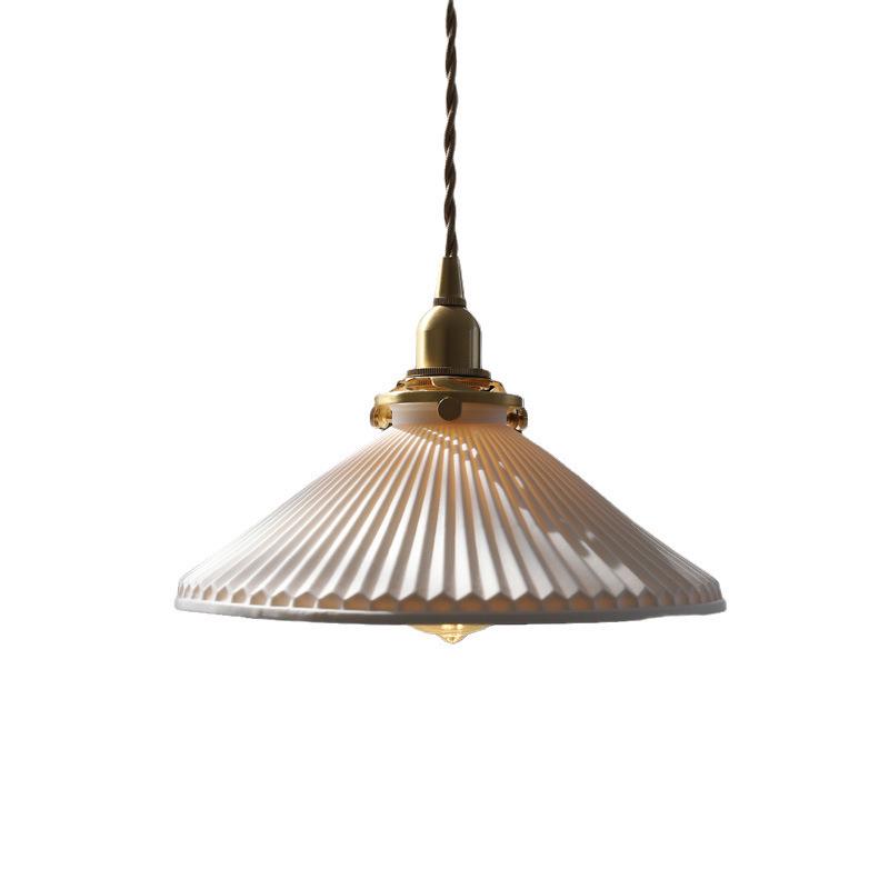 Nordic Inspired Japanese Brass & Pleated Ceramic Pendant Lamp for Restaurant, Bedroom or Dining Table