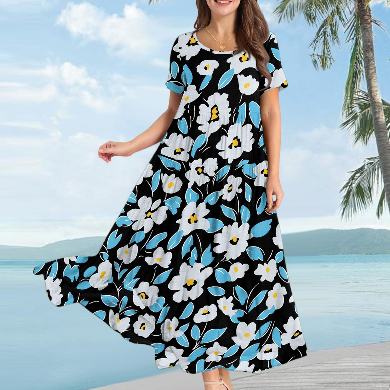 

Женское повседневное свободное богемное платье с цветочным принтом, длинное макси-платье с коротким рукавом, летнее пляжное платье-качели L чёрный