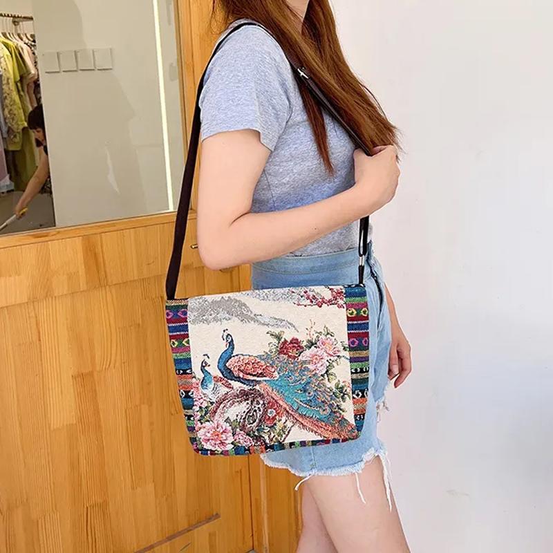 Yogodlns Håndveske i etnisk stil Broderi Elefant Lerret Dame Skuldervesker Dagligvareoppbevaringsveske Stor kapasitet Crossbody-veske