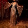 Spring and Suer, Women's New Dress, Long-sleeved Deep V Long Dress, Perspective Sprinkling Gold Dress