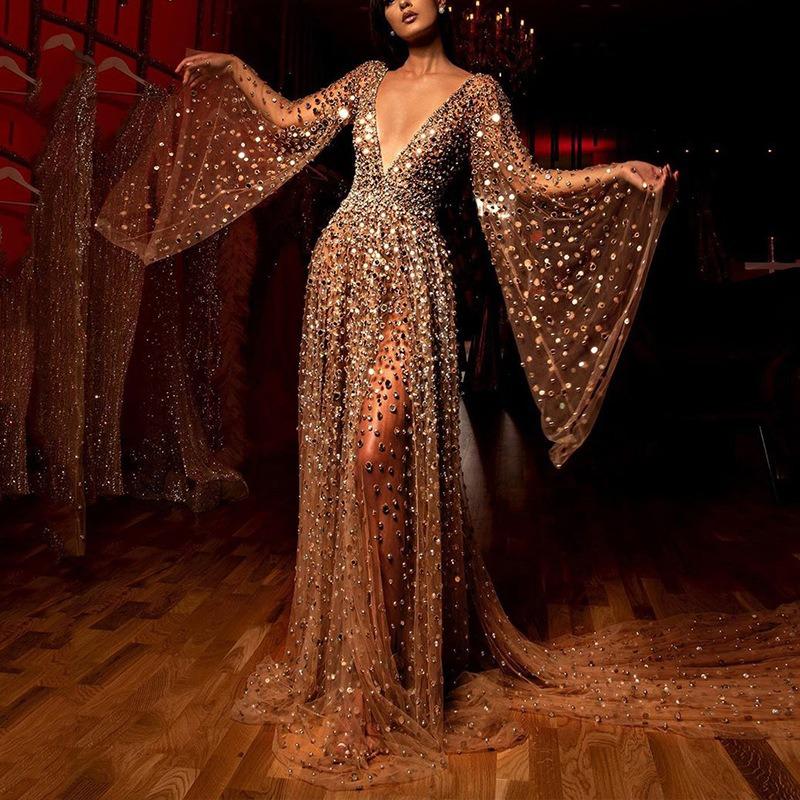 Spring and Suer, Women's New Dress, Long-sleeved Deep V Long Dress, Perspective Sprinkling Gold Dress