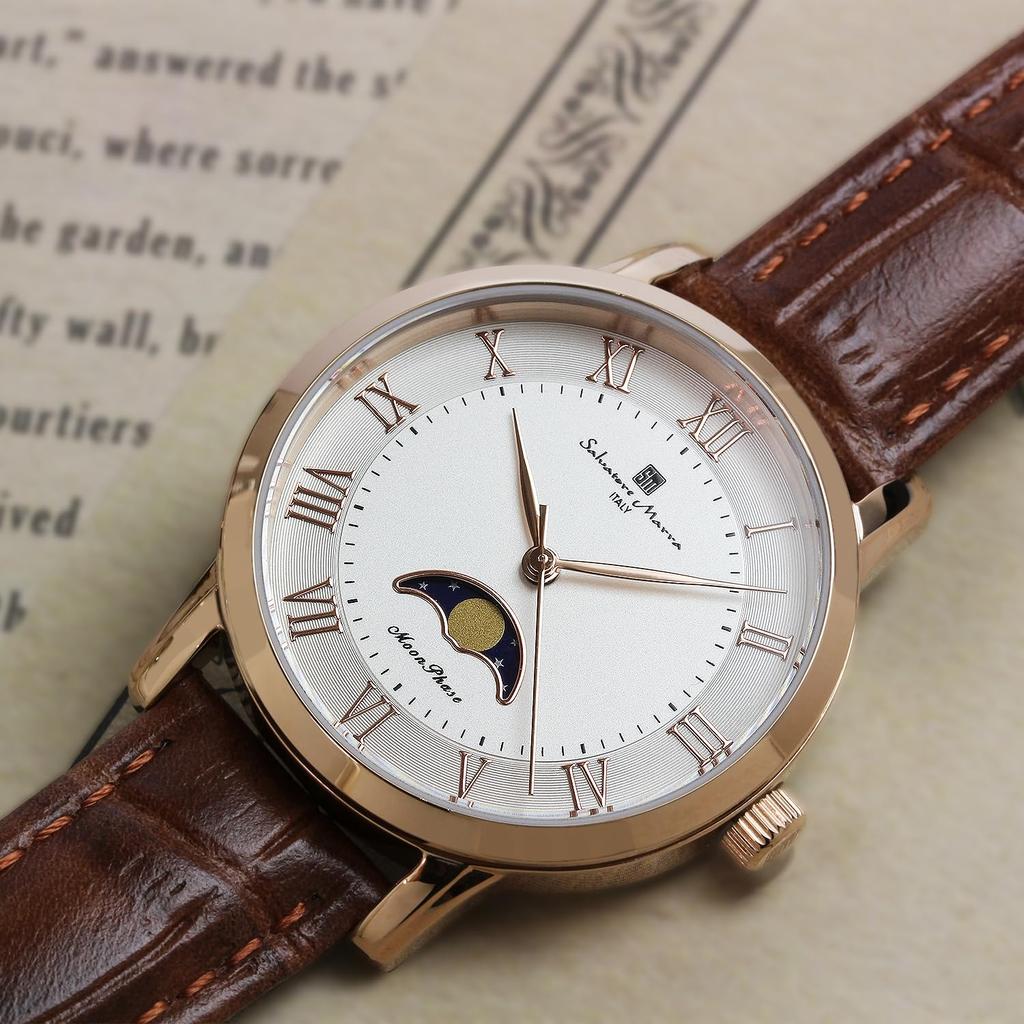 Salvatore Marra Women's Moon Phase Watch, Model SM26151, 34mm, Pink Gold & Silver, Leather Strap, Limited Edition