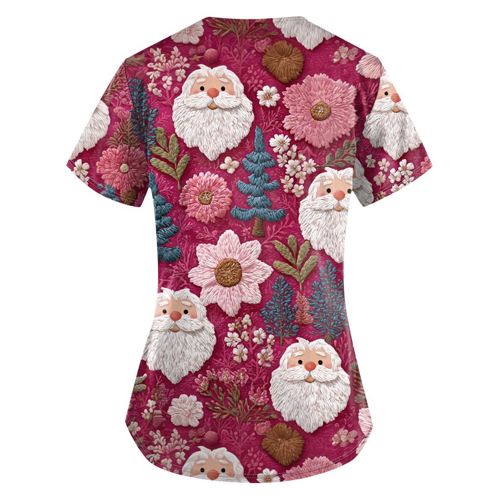 Women's Christmas Printing Short Sleeve V-neck Tops Working Pocket Blouse