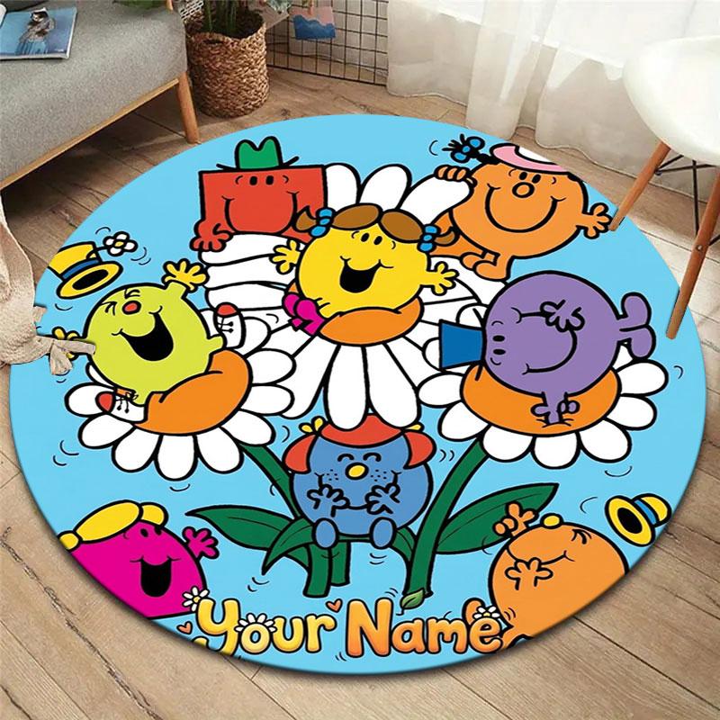 Mr. Men Little Miss Custom Name Round Area Rug,Carpet Rug for Living Room Bedroom Sofa Playroom Decor,Non-slip Floor Mat