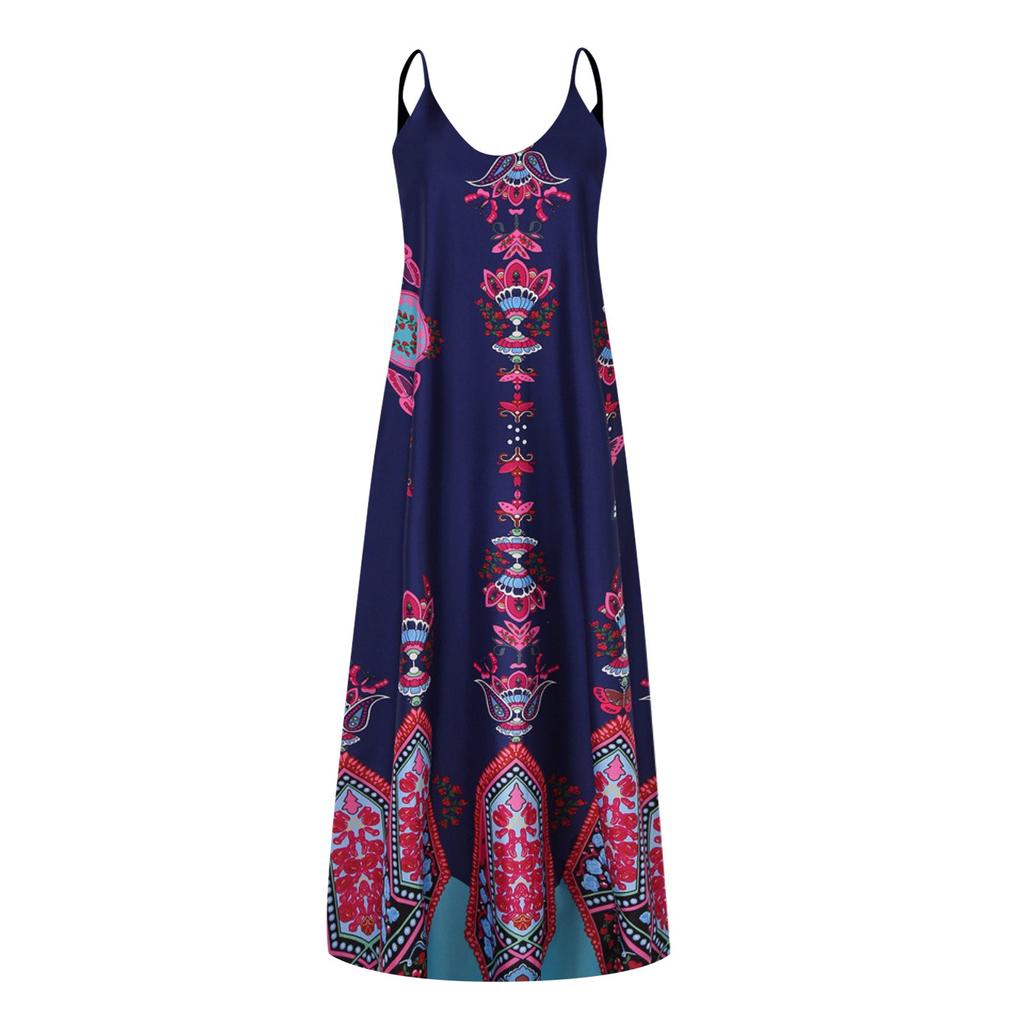 Módní ležérní šaty s potiskem v etnickém stylu bez rukávů, dámská dlouhá sukně