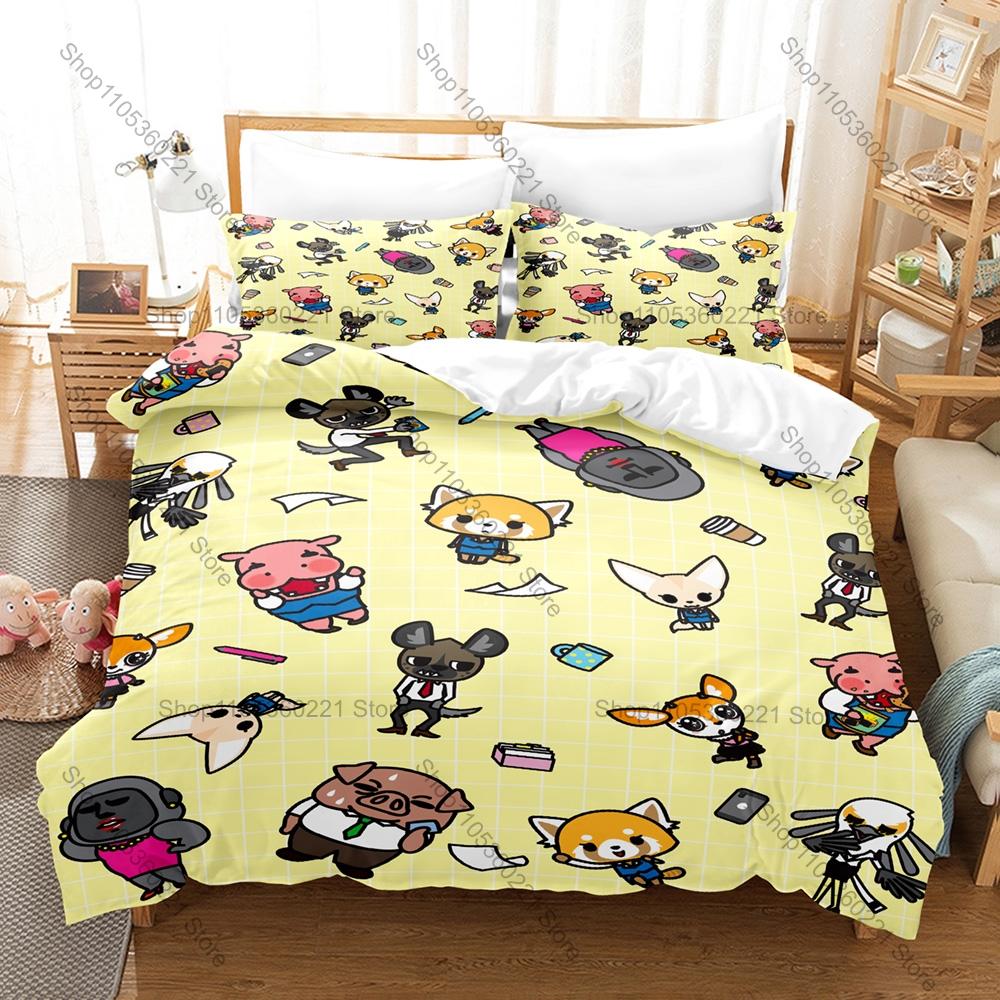 Personality Aggretsuko Anime Bedding Set New Soft Duvet Cover Pillowcases Cute Red Panda Print Bed Set for Kids Adults Bedroom D