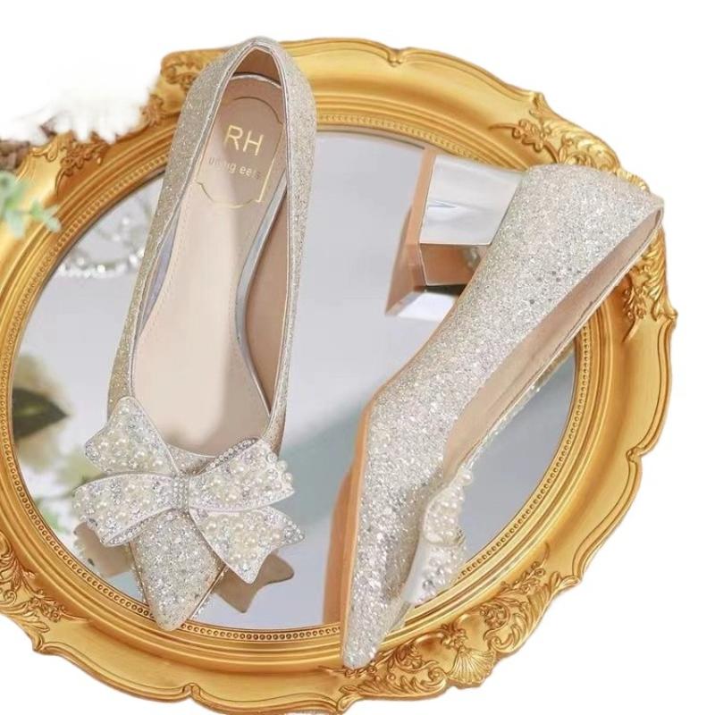 New Full Diamond Bow High Heels for Women, Thick Heels with Sequins, Bridesmaid Wedding Shoes, Pointed Shallow Mouth Pumps