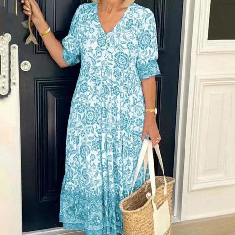 Women Floral Print Vneck Dress Lightweight Loose Long Dress Short Sleeve Summer Breathable Comfort Casual Dress for Fashion Work and Vacation