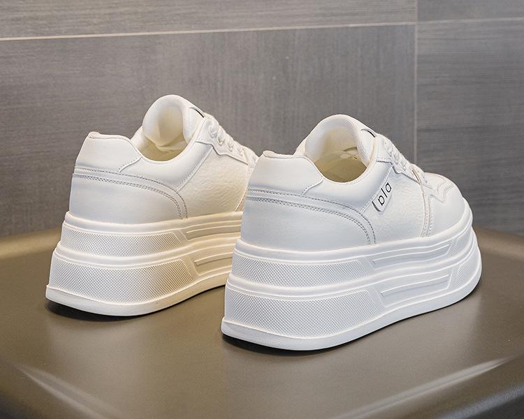 Women's Thick-Soled Height-Boosting White Leather Sneakers - Lightweight, Versatile, and Comfortable Platform Casual Shoes.