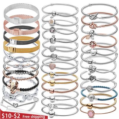 Charms 925 Sterling Sterling Náramek z masivního stříbra Srdce Originální řetízek Šumivá modrá Disková spona Náramek s hadím řetízkem Dámské šperky