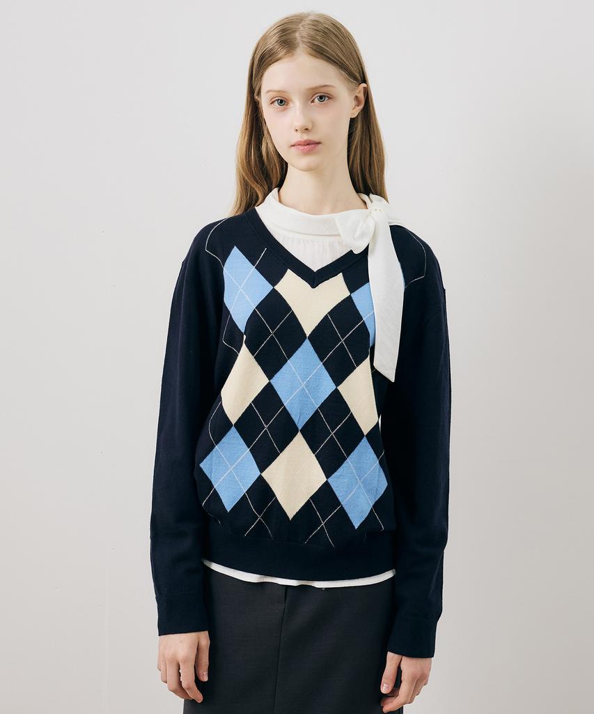 MIND BRIDGE WOMEN [W] V-Neck Argyle Oversized Knit - 2 Colors
